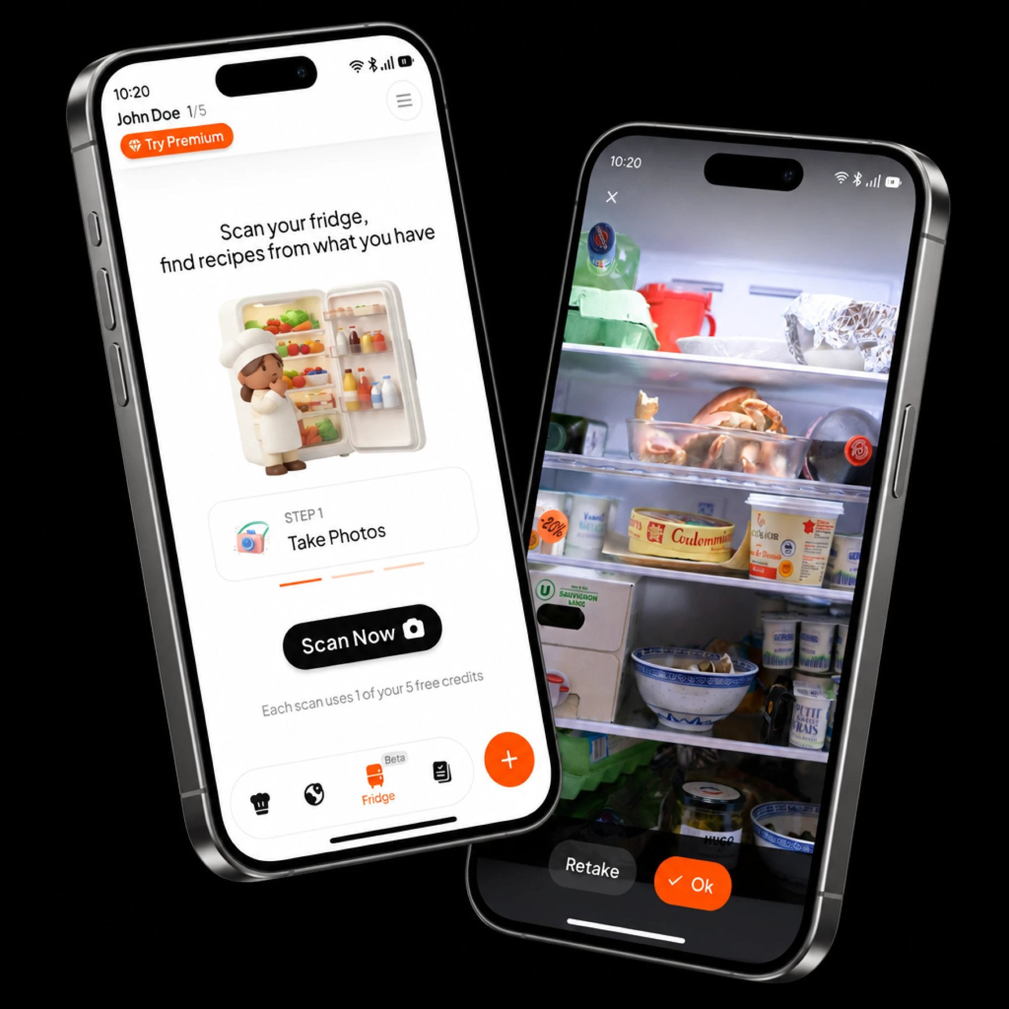 Two phones showing Qishta fridge scan: the scan start screen and a photo of an open fridge
